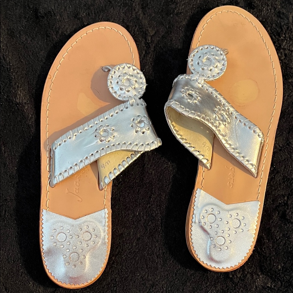 Jack Rogers Silver Leather Thong Sandals with Medallion Accent